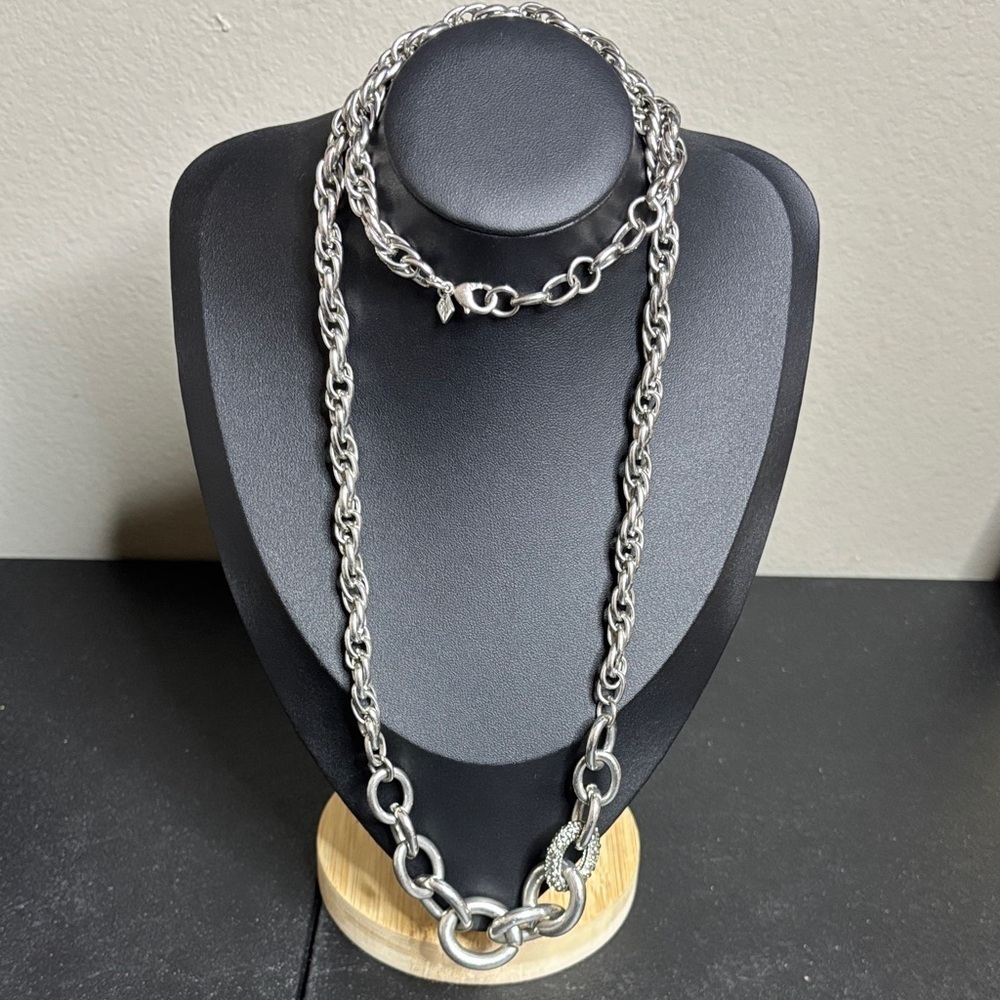 Banana Republic Silver Chunky Rope Twisted Chain Rhinestone Statement Necklace